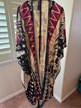 NEW Aratta Open-Front Kimono Cardigan in Burgundy, Black & Cream